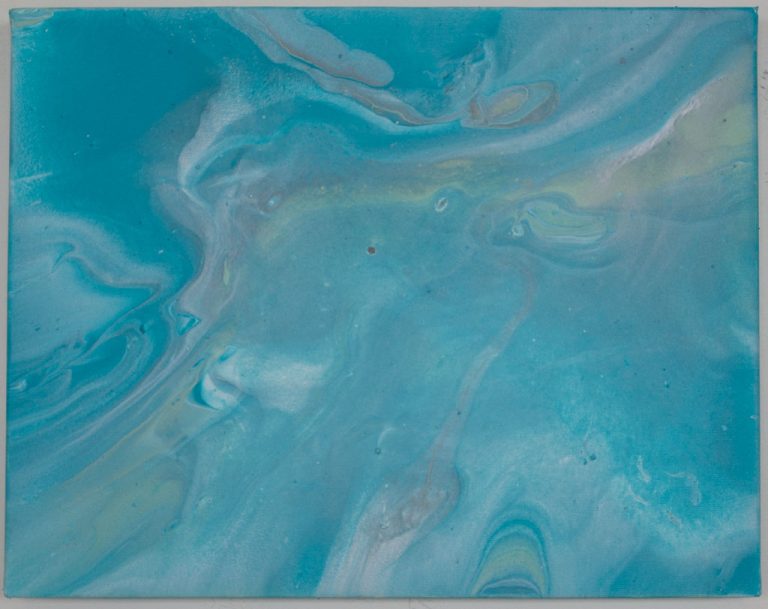 Contemporary fluid acrylic painting titled 'Looking Left' featuring blues, greens, metallic silver, and white, measuring 11x14 inches.