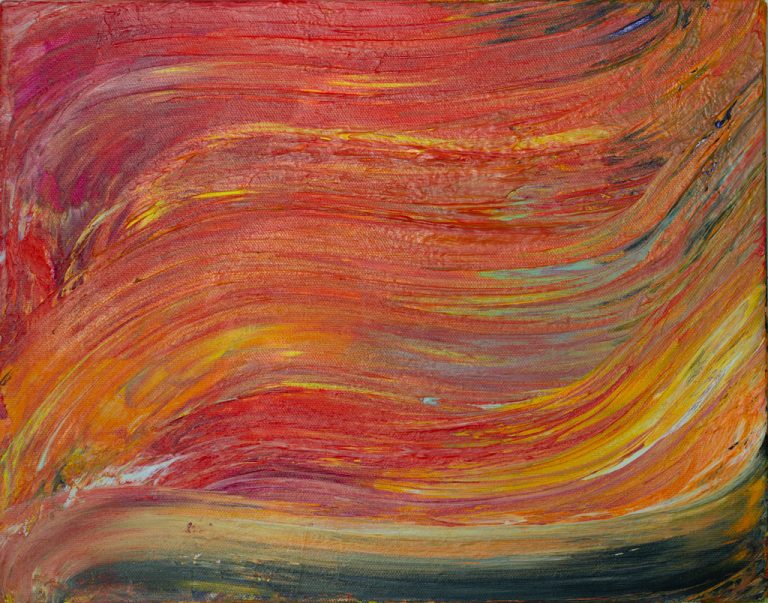 A vibrant acrylic painting titled "Red Hair in a Convertible," depicting the joy of a summer drive with flowing red hair, measuring 12″ x 9″.