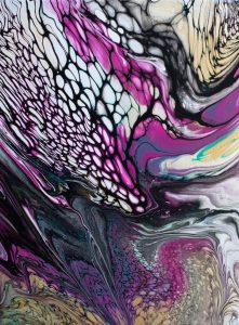 Vibrant fluid acrylic painting titled 'Pink Flamingo' featuring pink flamingos with gold highlights, measuring 9x12 inches.