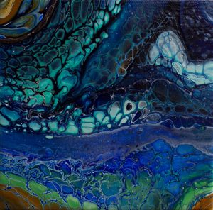 Contemporary fluid acrylic painting titled 'Waves in the Cove' depicting waves crashing into a cove, measuring 6x6 inches.