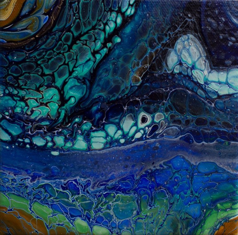 Contemporary fluid acrylic painting titled 'Waves in the Cove' depicting waves crashing into a cove, measuring 6x6 inches.