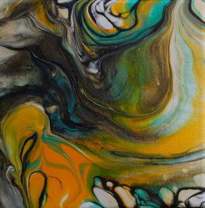 Abstract fluid art piece titled 'Yellow Dolphin' featuring vibrant yellow hues, acrylic on canvas, measuring 6x6 inches.