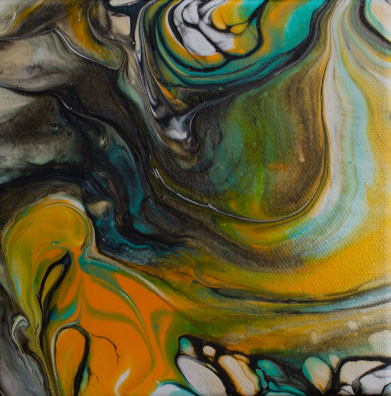 Abstract fluid art piece titled 'Yellow Dolphin' featuring vibrant yellow hues, acrylic on canvas, measuring 6x6 inches.