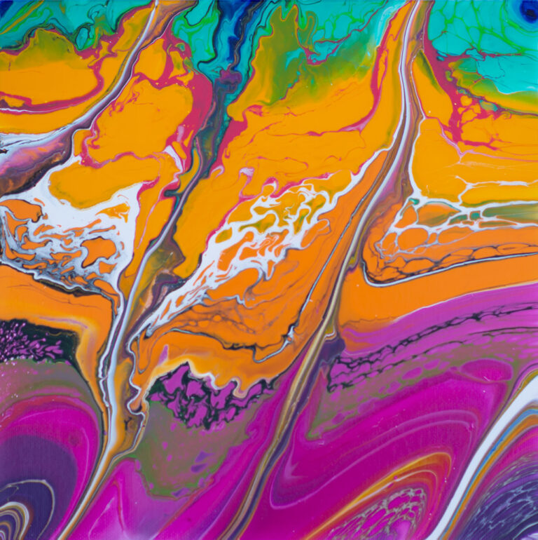 Vibrant liquid acrylic painting titled 'Breathe in (all of the Colors)' featuring a dynamic blend of colors, measuring 10x10 inches.