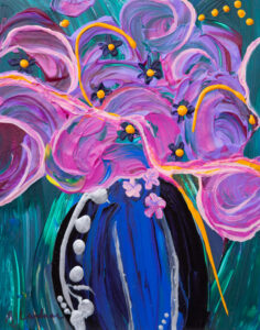 Contemporary fluid acrylic painting titled 'In the Pink' featuring a vase with pink, purple, and blue flowers, measuring 8x10 inches