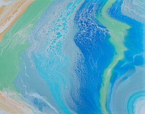 Fluid acrylic painting of Cave Point, Door County, showcasing vibrant colors and dynamic textures, 24x30 inches.