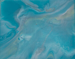 Contemporary fluid acrylic painting titled 'Looking Left' featuring blues, greens, metallic silver, and white, measuring 11x14 inches.